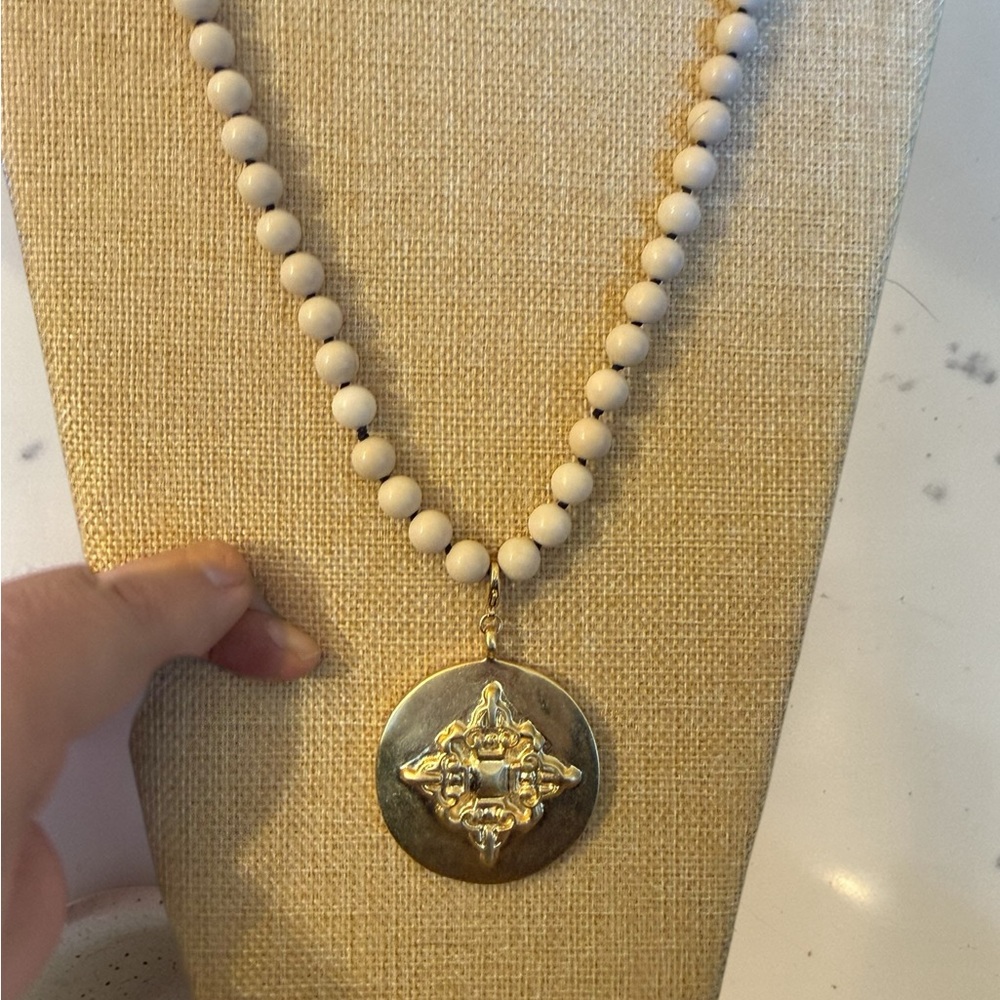 Gold Medallion Pendant Necklace with White Beaded Chain - Picture 2 of 3